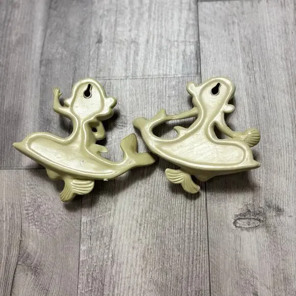 Vintage Mermaid Riding Dolphin Plastic Wall Hanging 7” Set of Two